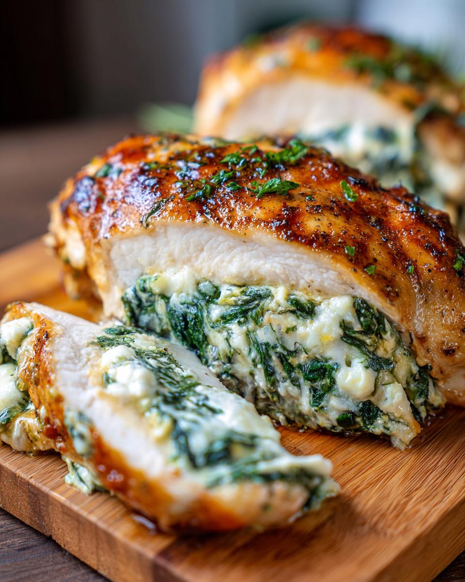 Close-up of a juicy stuffed spinach chicken breast, sliced to reveal creamy spinach and cheese filling.