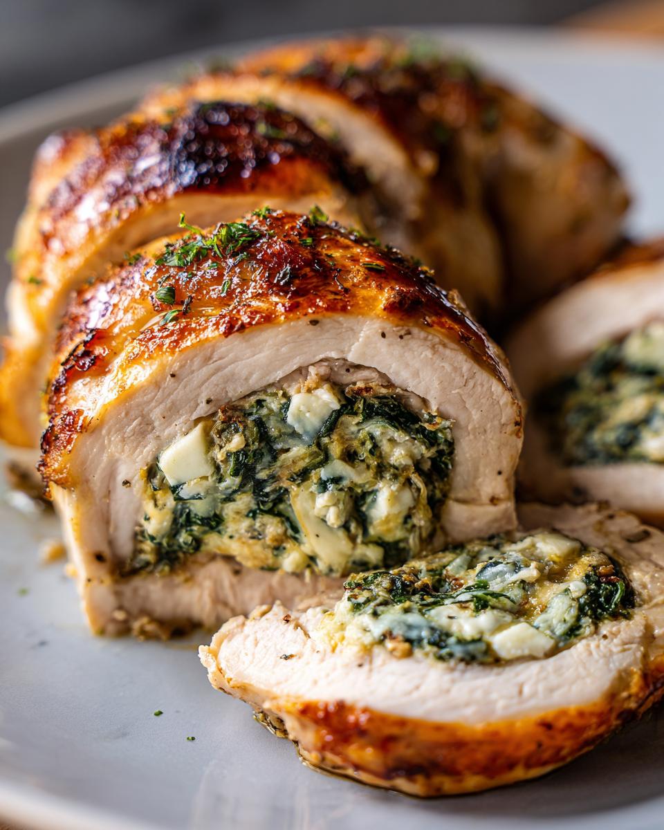 Close-up of a sliced stuffed spinach chicken breast, showcasing the creamy spinach and cheese filling.