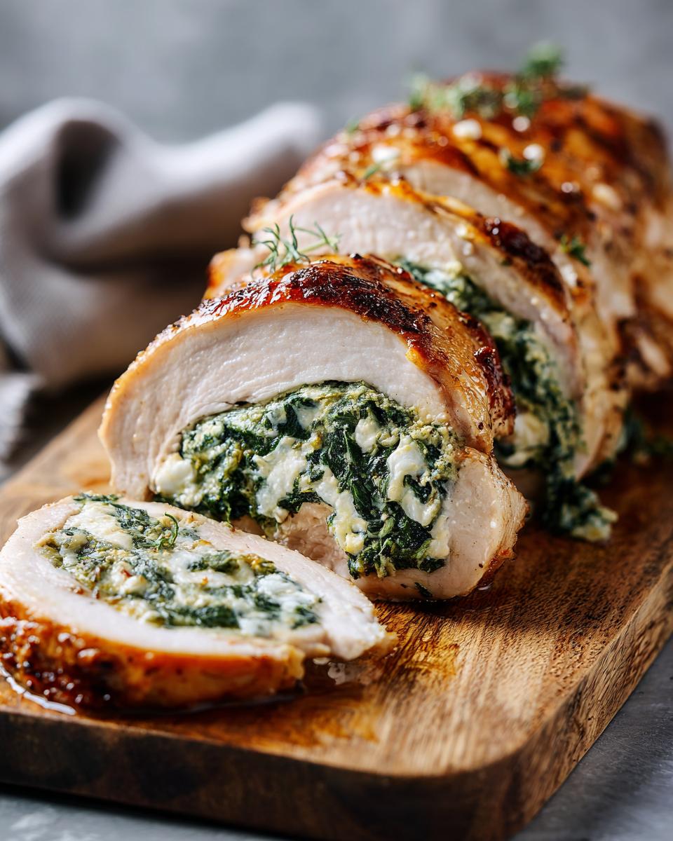 A sliced stuffed spinach chicken breast, showcasing the creamy spinach and cheese filling inside tender chicken.