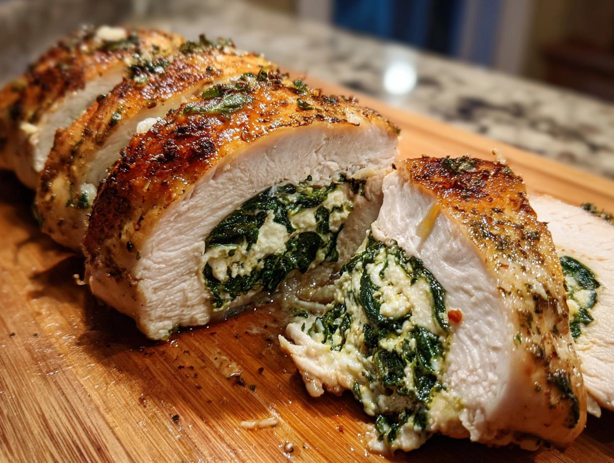 Close-up of a sliced stuffed spinach chicken breast, showcasing the creamy spinach and cheese filling.