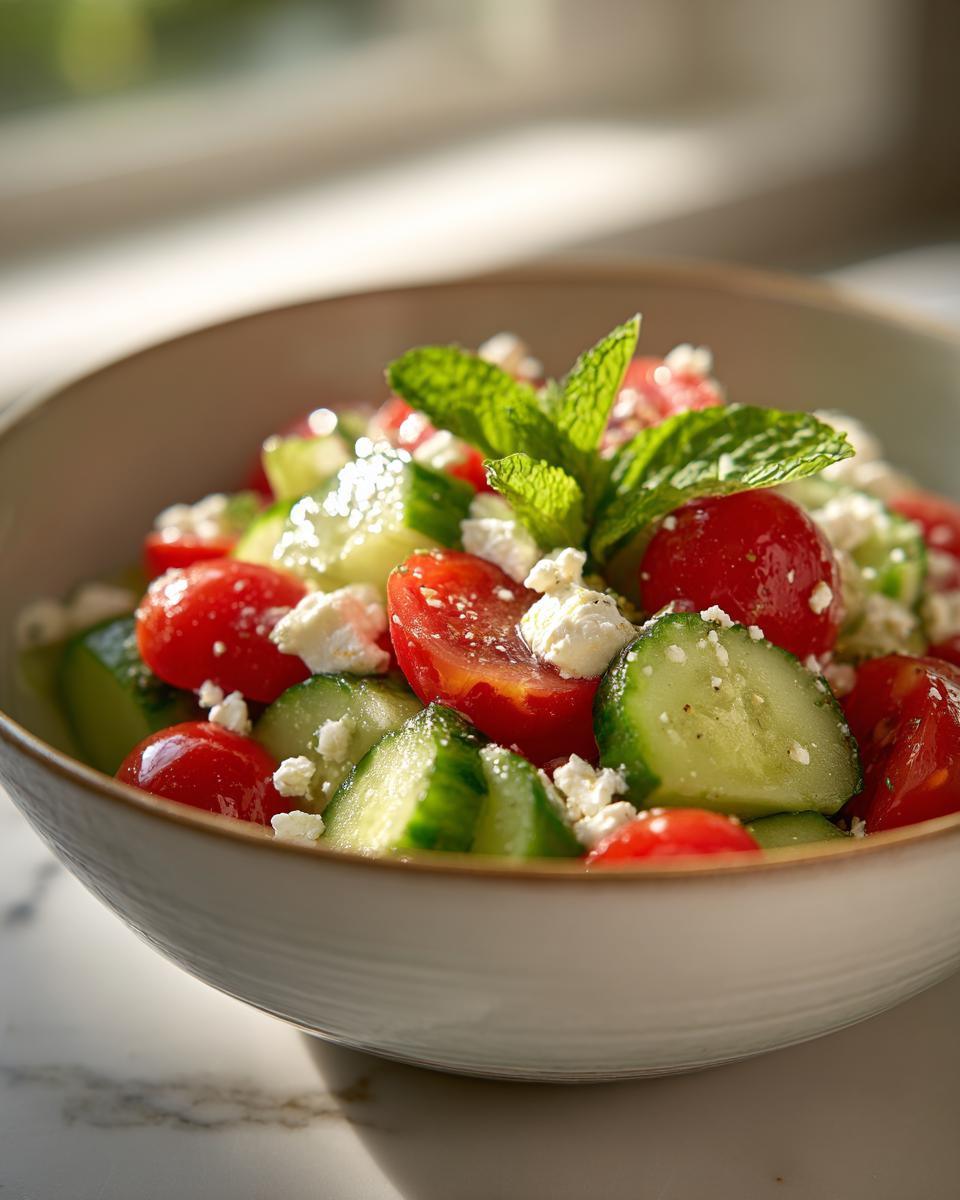 Refreshing summer salad with cucumber, cherry tomatoes, feta cheese, and mint.
