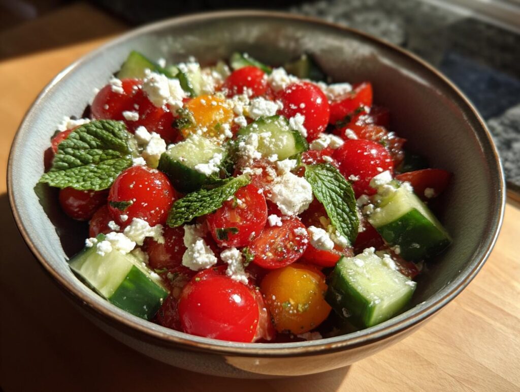 A refreshing summer salad with cucumber, tomato, feta cheese, and mint, perfect for cookouts.