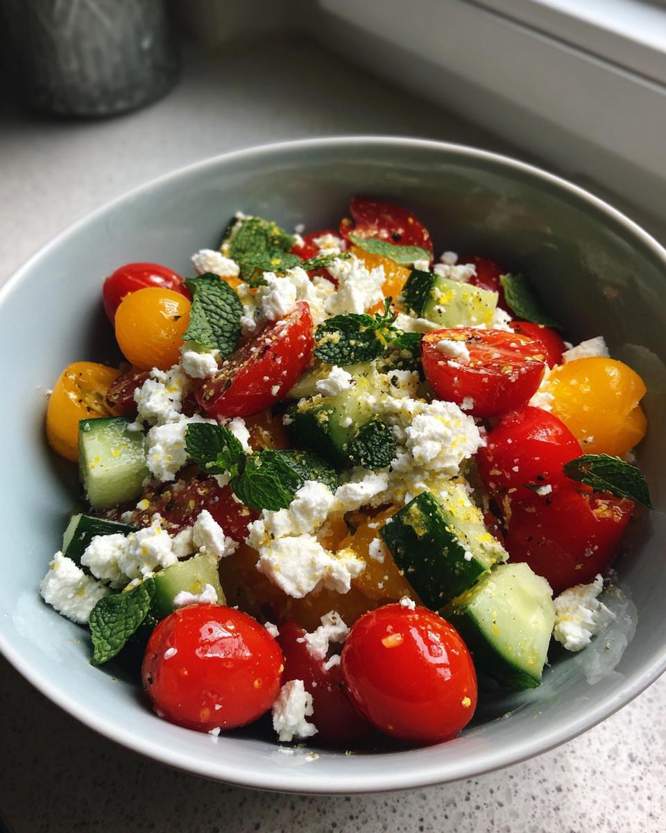A refreshing summer salad with cucumber, cherry tomatoes, feta cheese, and mint.