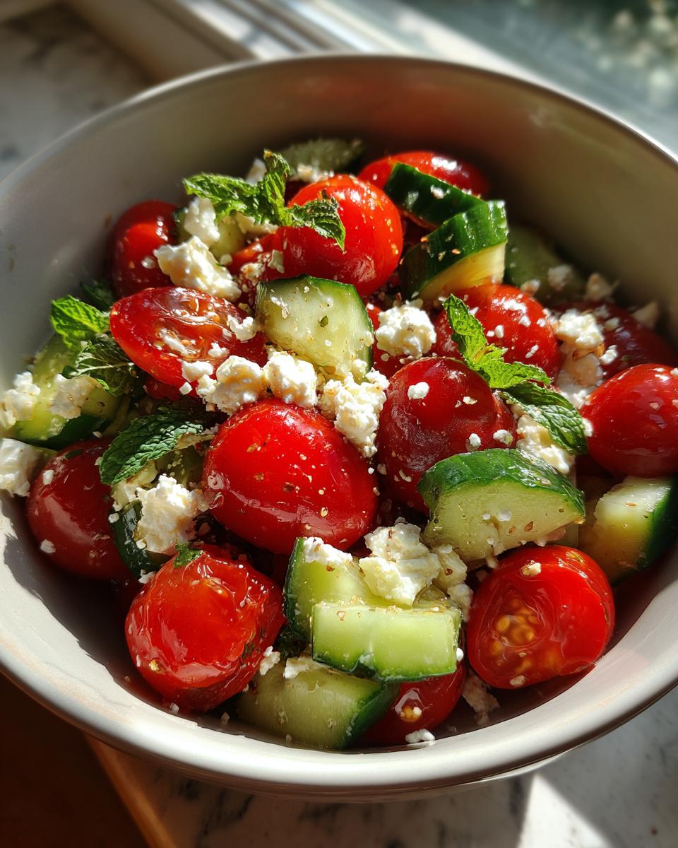 A refreshing summer salad with cucumber, tomato, and feta cheese, perfect for cookouts.