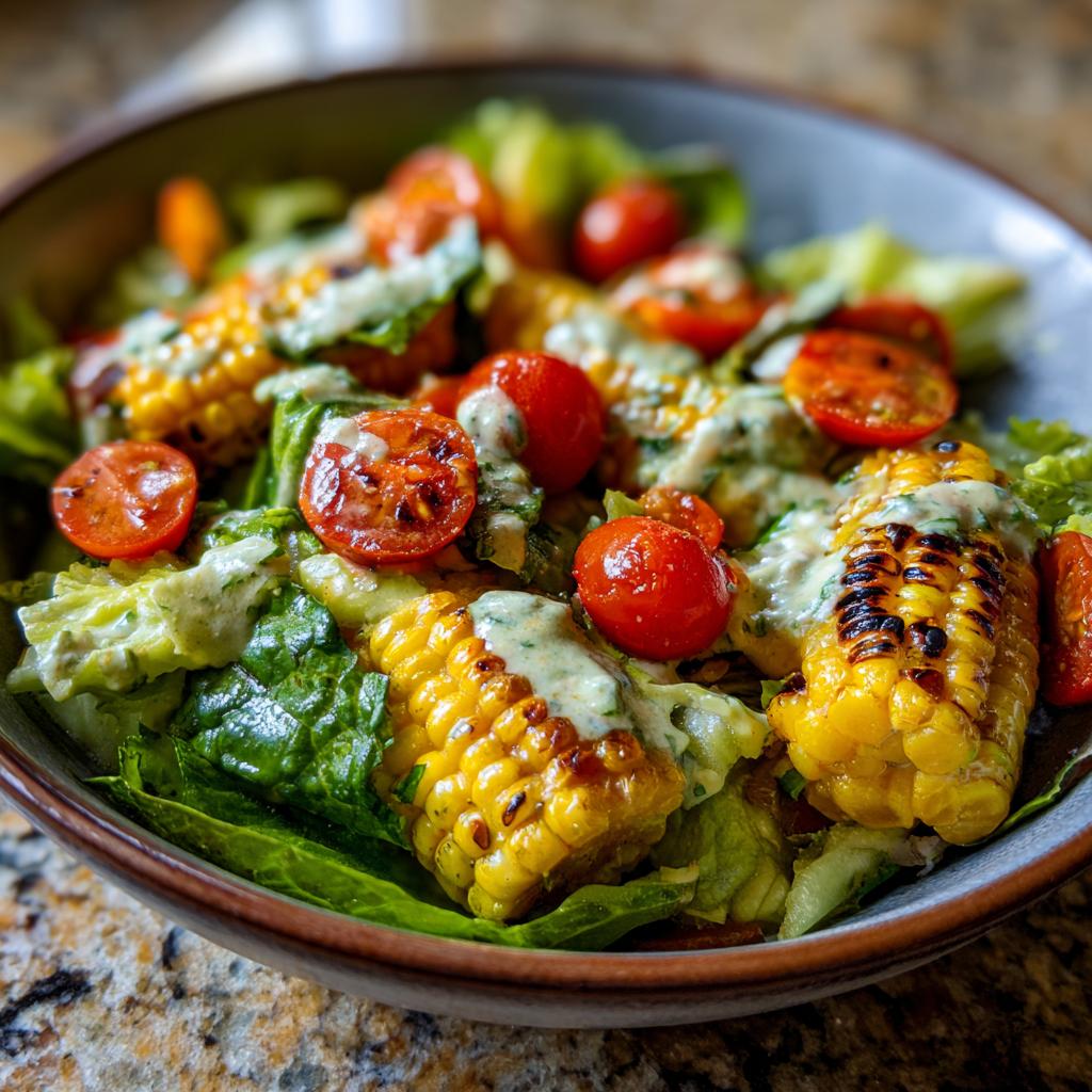 A vibrant summer salad featuring grilled corn on the cob, cherry tomatoes, and lettuce, drizzled with avocado lime dressing.