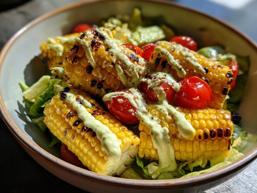 A close-up of a summer salad featuring grilled corn on the cob, cherry tomatoes, and lettuce, drizzled with avocado lime dressing.