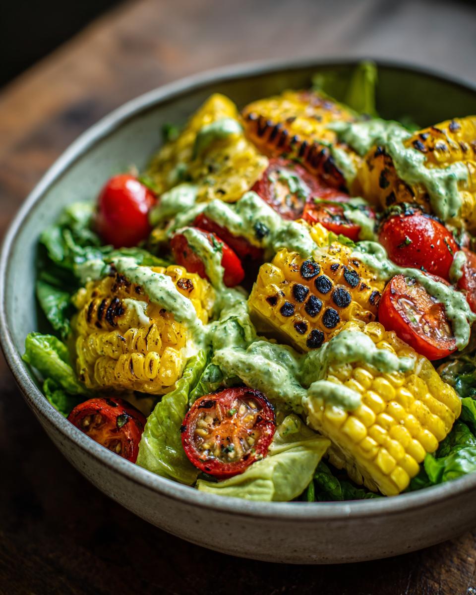 A vibrant Summer Salad featuring grilled corn, cherry tomatoes, and lettuce, drizzled with creamy avocado lime dressing.