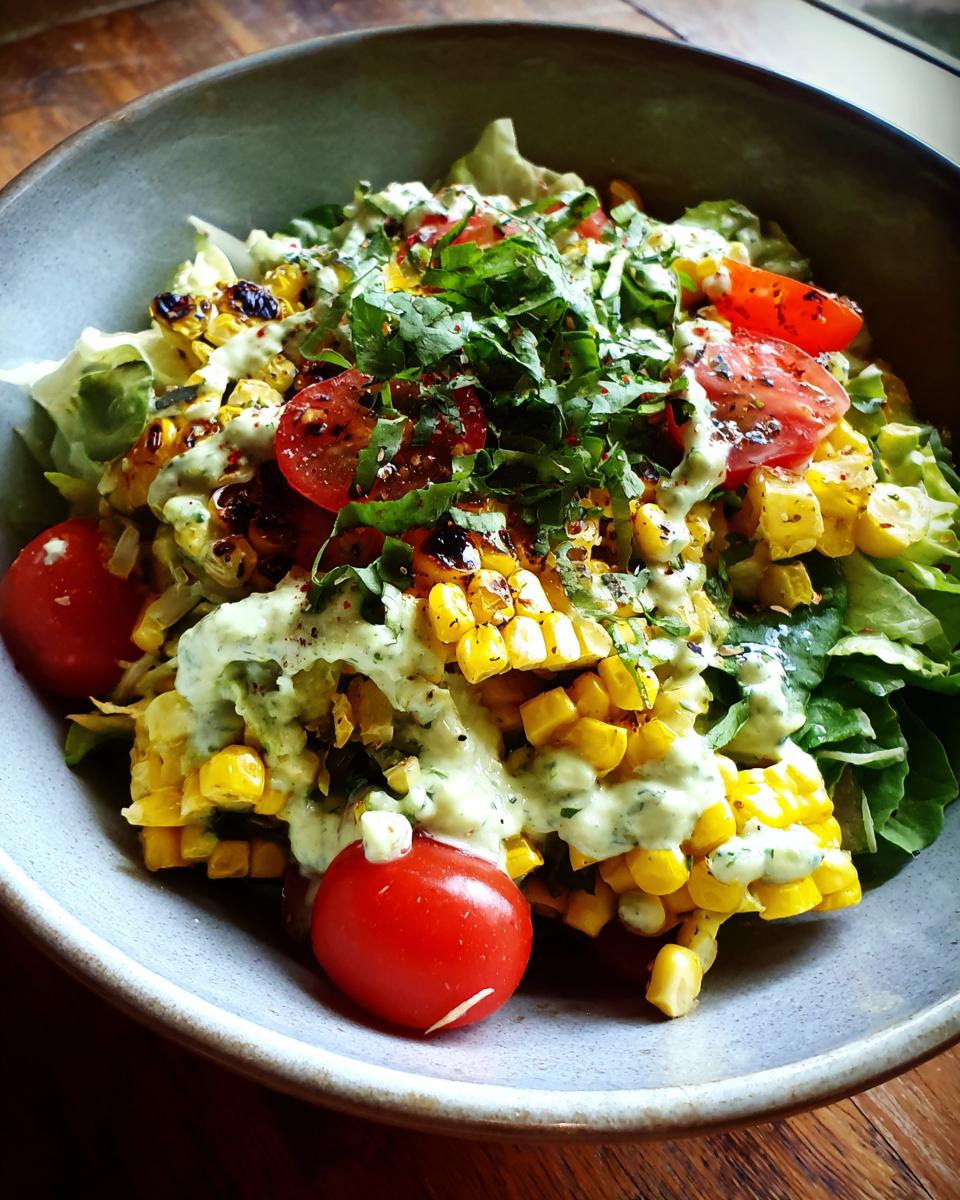 A refreshing summer salad featuring grilled corn, cherry tomatoes, and lettuce, drizzled with avocado lime dressing.