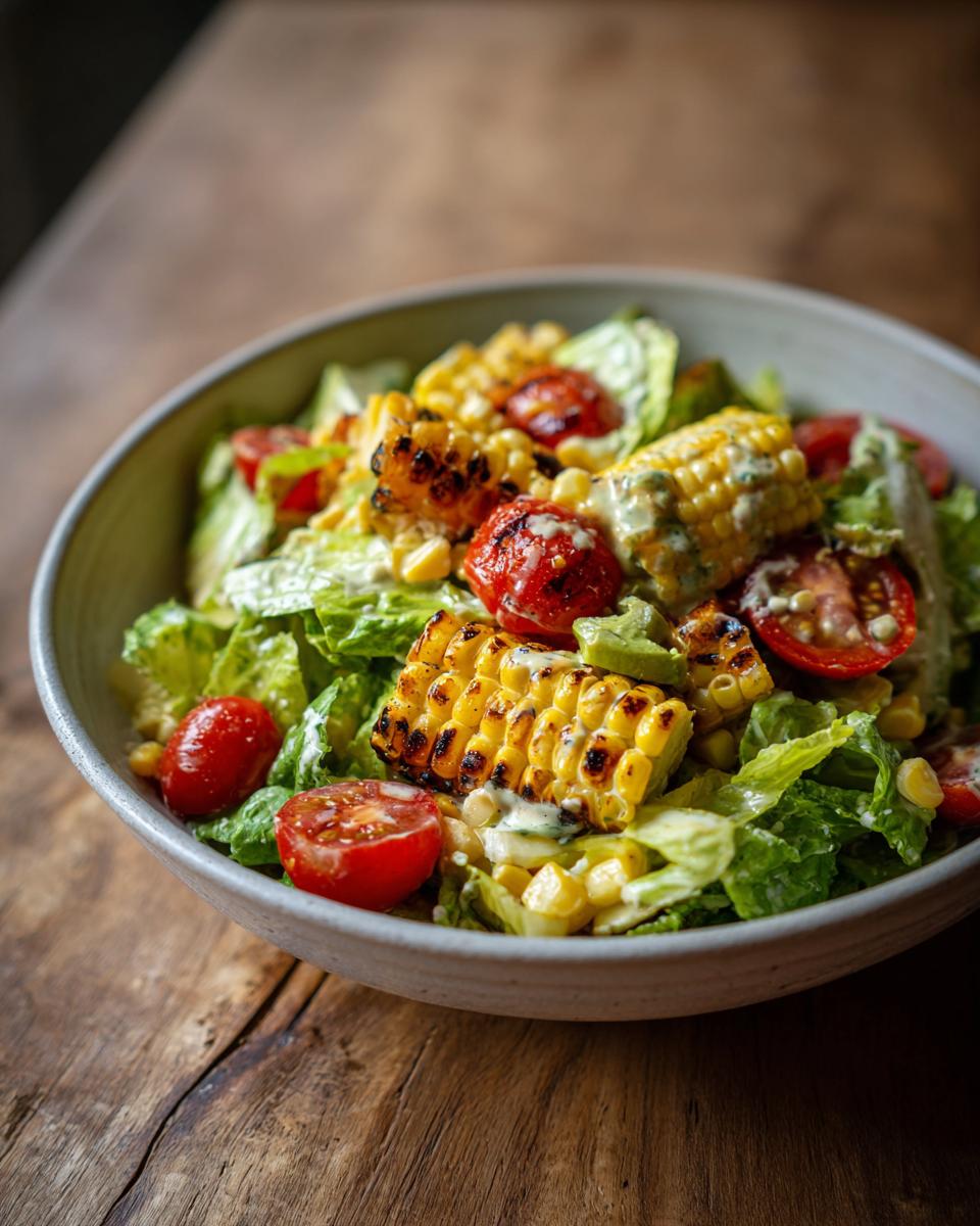 A vibrant summer salad with grilled corn, cherry tomatoes, avocado, and lettuce, drizzled with avocado lime dressing.