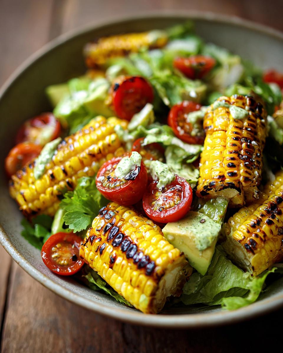 A vibrant summer salad featuring grilled corn, avocado, cherry tomatoes, and a creamy dressing.
