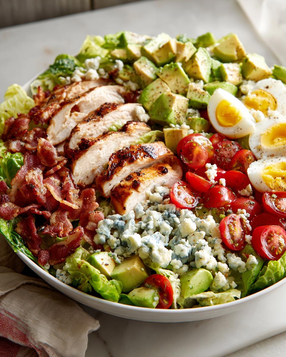 A vibrant bowl of summer salad recipes featuring grilled chicken, bacon, avocado, tomatoes, blue cheese, and hard-boiled eggs.