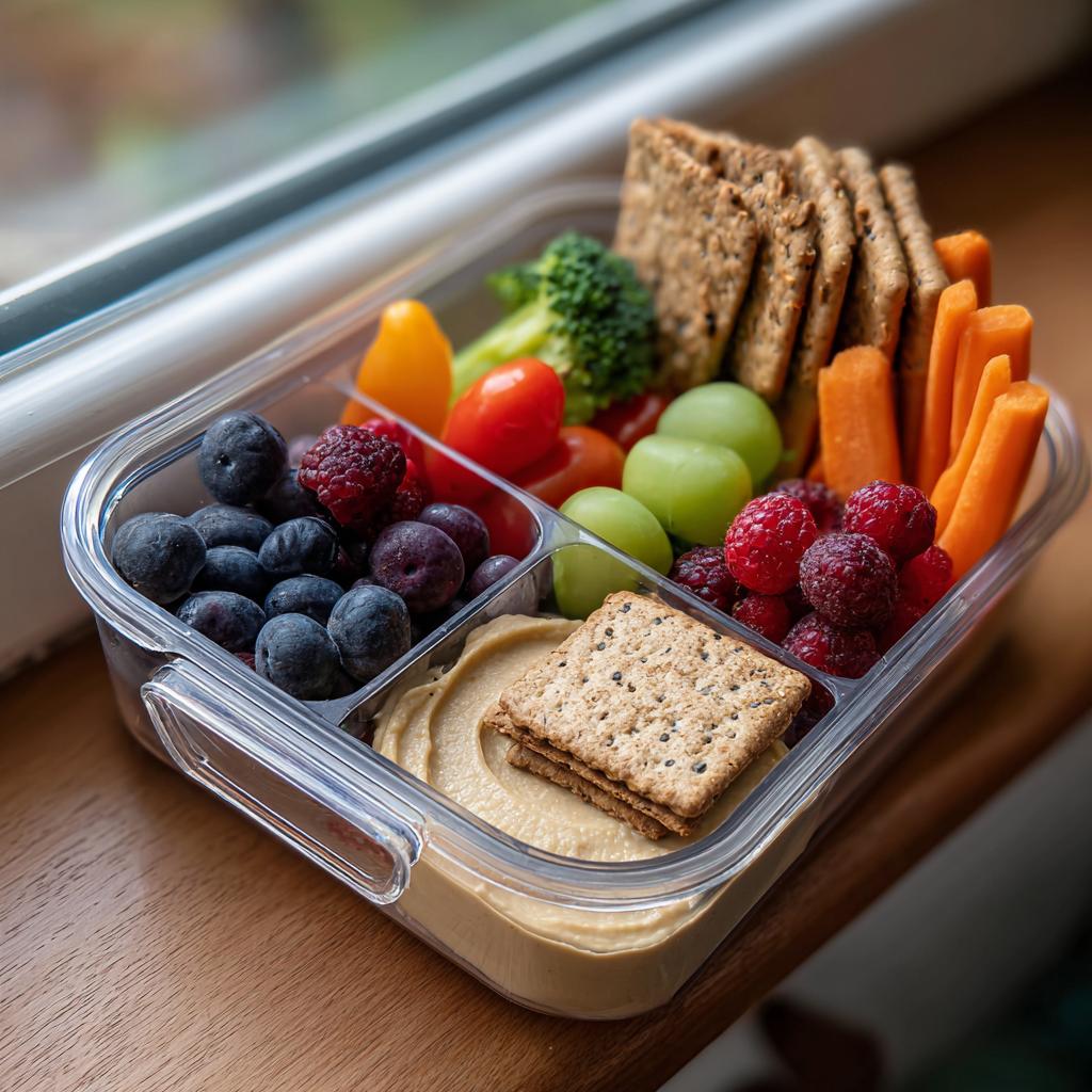 A healthy lunchbox with veggie hummus, crackers, blueberries, raspberries, grapes, carrots, broccoli, and cherry tomatoes.
