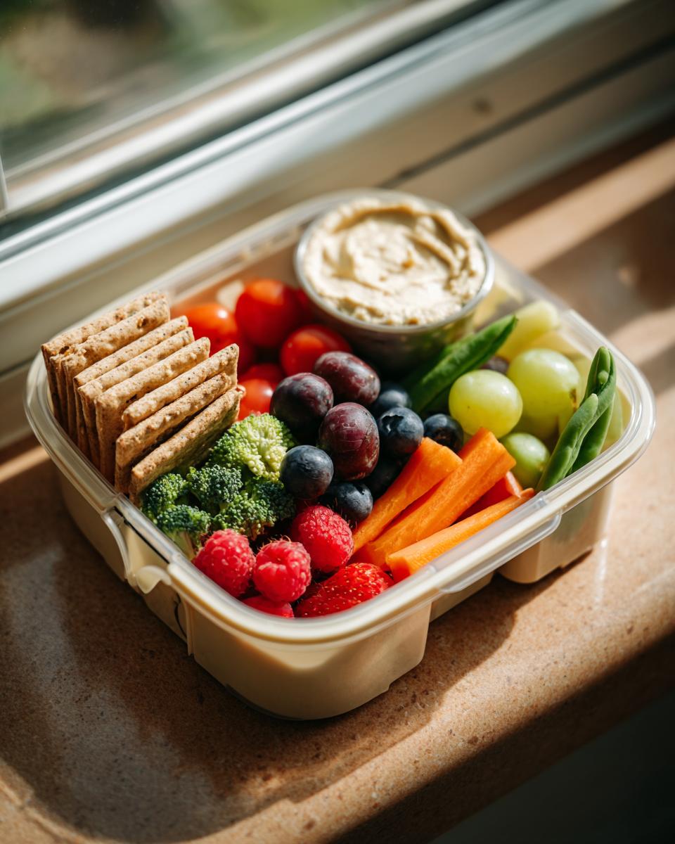 A colorful bento box filled with hummus, crackers, broccoli, carrots, berries, grapes, and cherry tomatoes. Healthy lunch ideas for fast days.