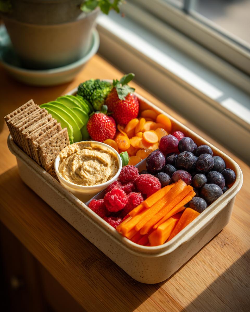A healthy lunch idea featuring a veggie hummus bento box with crackers, avocado, broccoli, strawberries, carrots, raspberries, and blueberries.