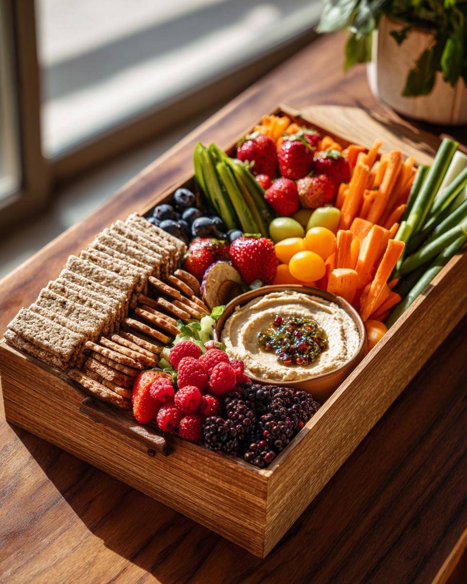 A wooden bento box filled with healthy lunch ideas: veggie sticks, berries, crackers, and hummus.