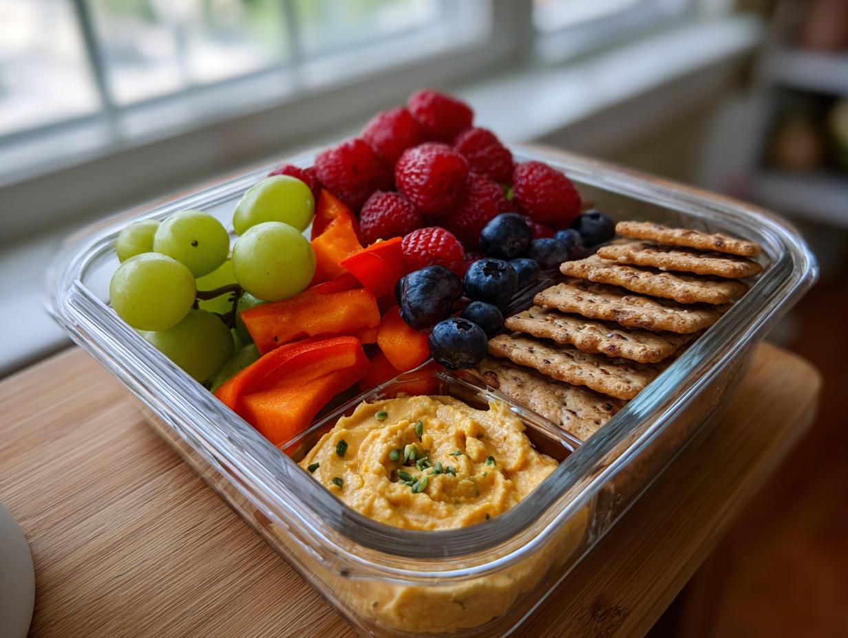 A clear bento box filled with healthy lunch ideas: veggie hummus, crackers, grapes, raspberries, blueberries, and bell peppers.