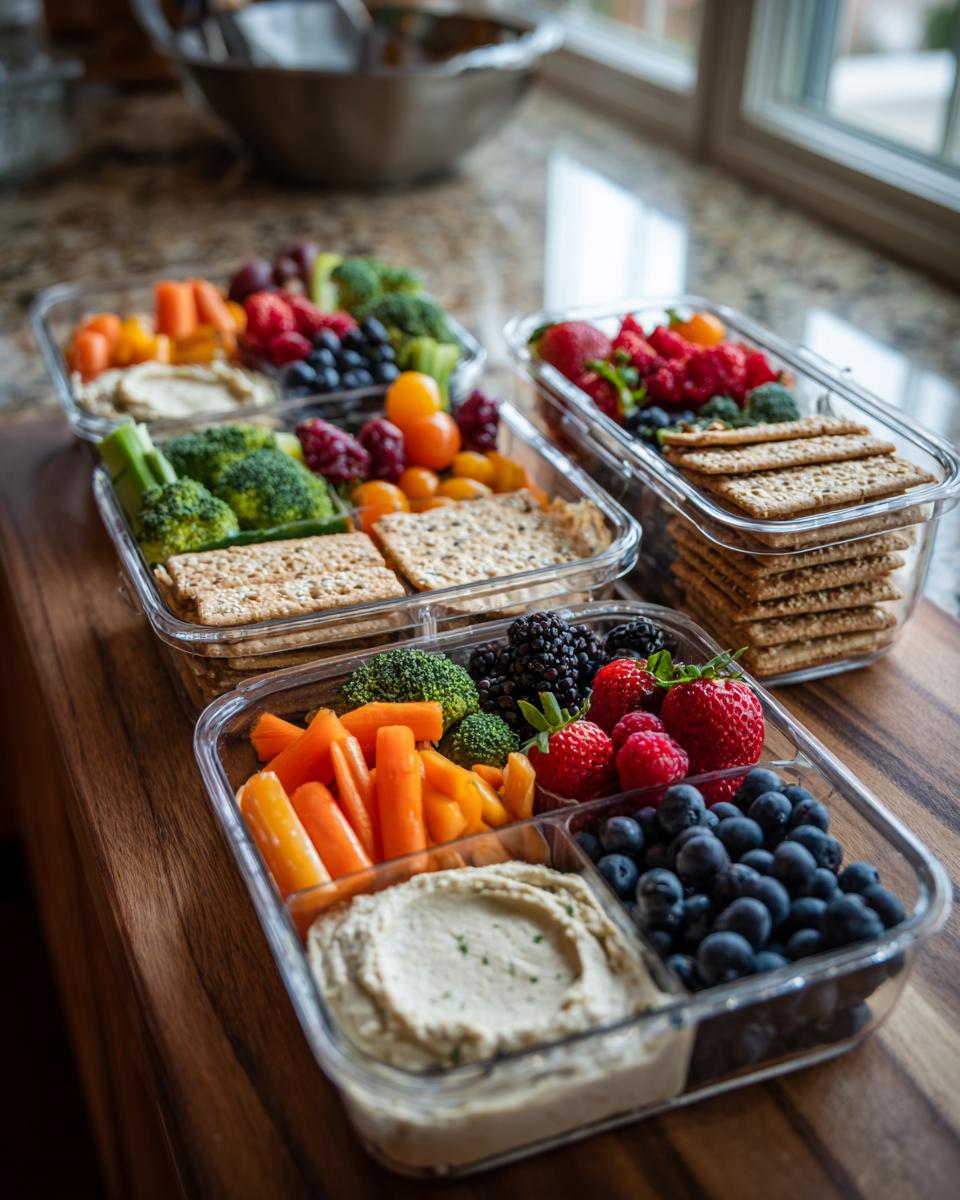 Three clear bento boxes filled with hummus, fresh vegetables, berries, and crackers, perfect for healthy lunch ideas.