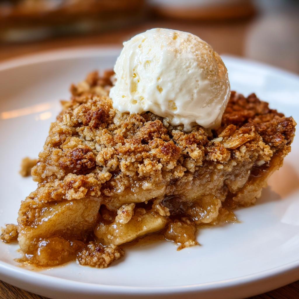 A slice of warm apple crisp with a scoop of vanilla ice cream on top, showcasing the buttery crumble and tender apples.