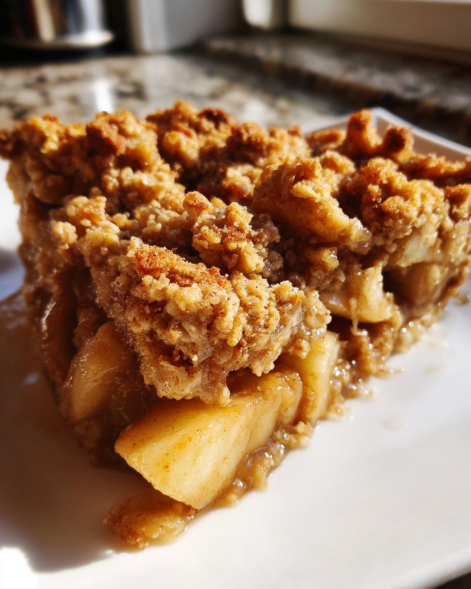 A close-up of a warm and buttery slice of apple crisp, showcasing tender apple pieces and a crumbly topping.