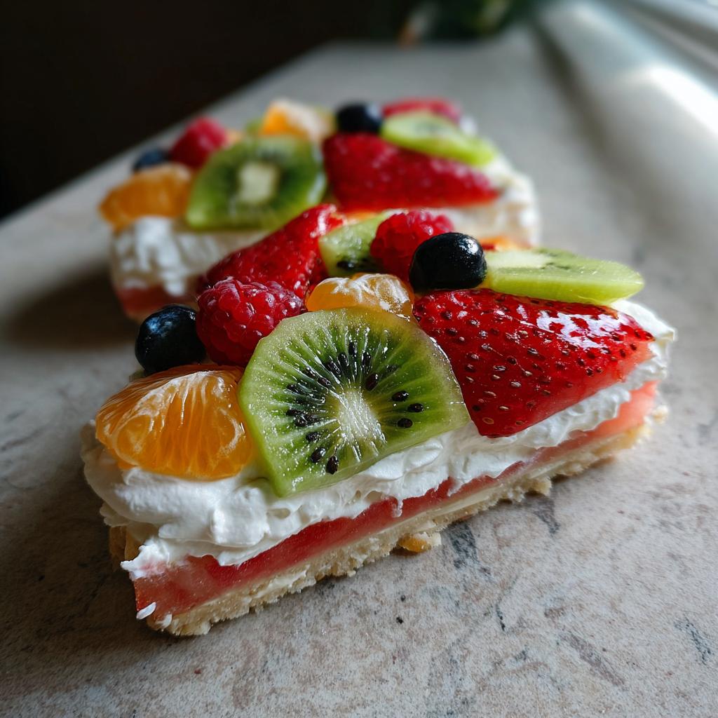 A slice of watermelon berry fruit pizza topped with fresh strawberries, kiwi, raspberries, blueberries, and mandarin oranges.