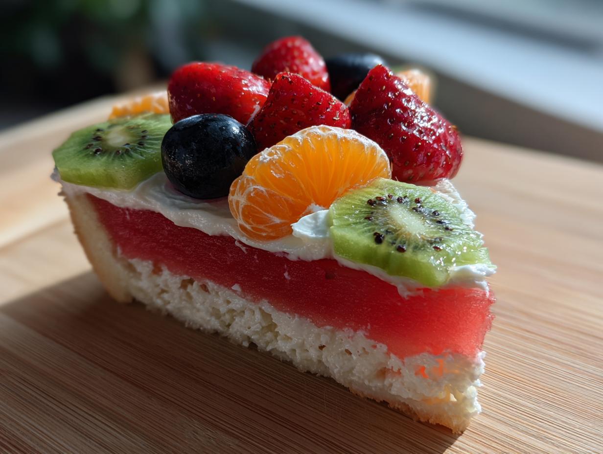 A slice of Watermelon Berry Fruit Pizza, featuring a watermelon layer topped with cream and fresh berries, kiwi, and orange slices.