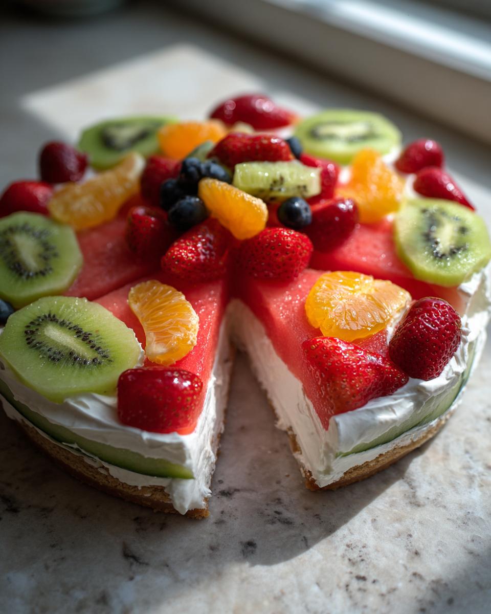A slice of Watermelon Berry Fruit Pizza Summer Dessert topped with fresh strawberries, blueberries, kiwi, and mandarin orange slices.