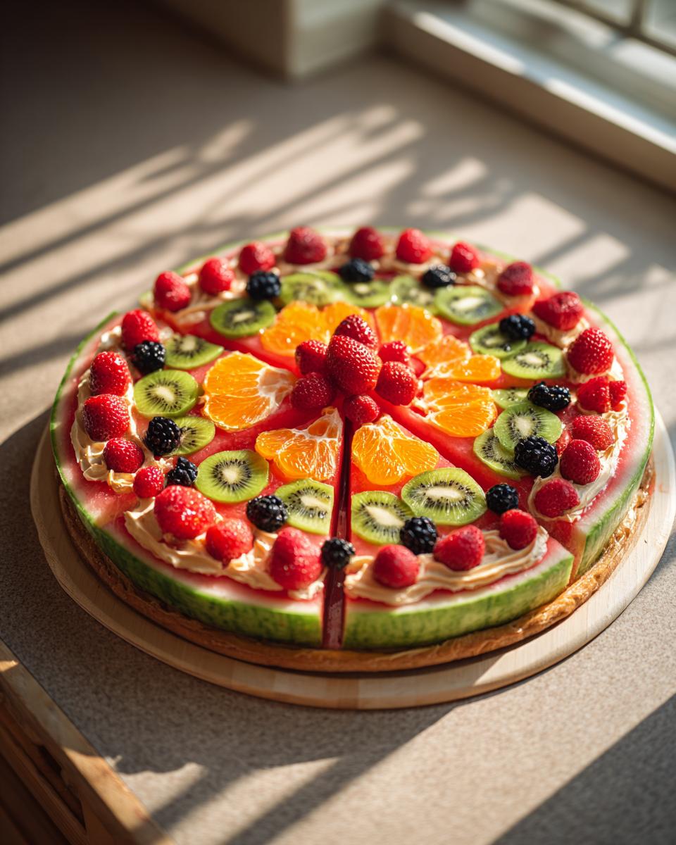 A refreshing Watermelon Berry Fruit Pizza Summer Dessert topped with strawberries, raspberries, kiwi, oranges, and blackberries.