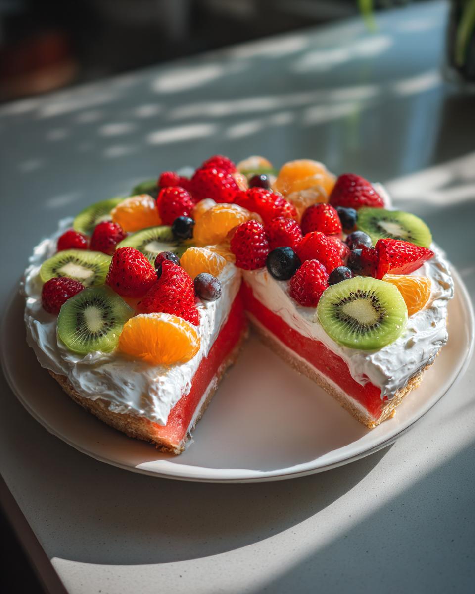 A slice of Watermelon Berry Fruit Pizza Summer Dessert, topped with whipped cream and fresh berries and kiwi.