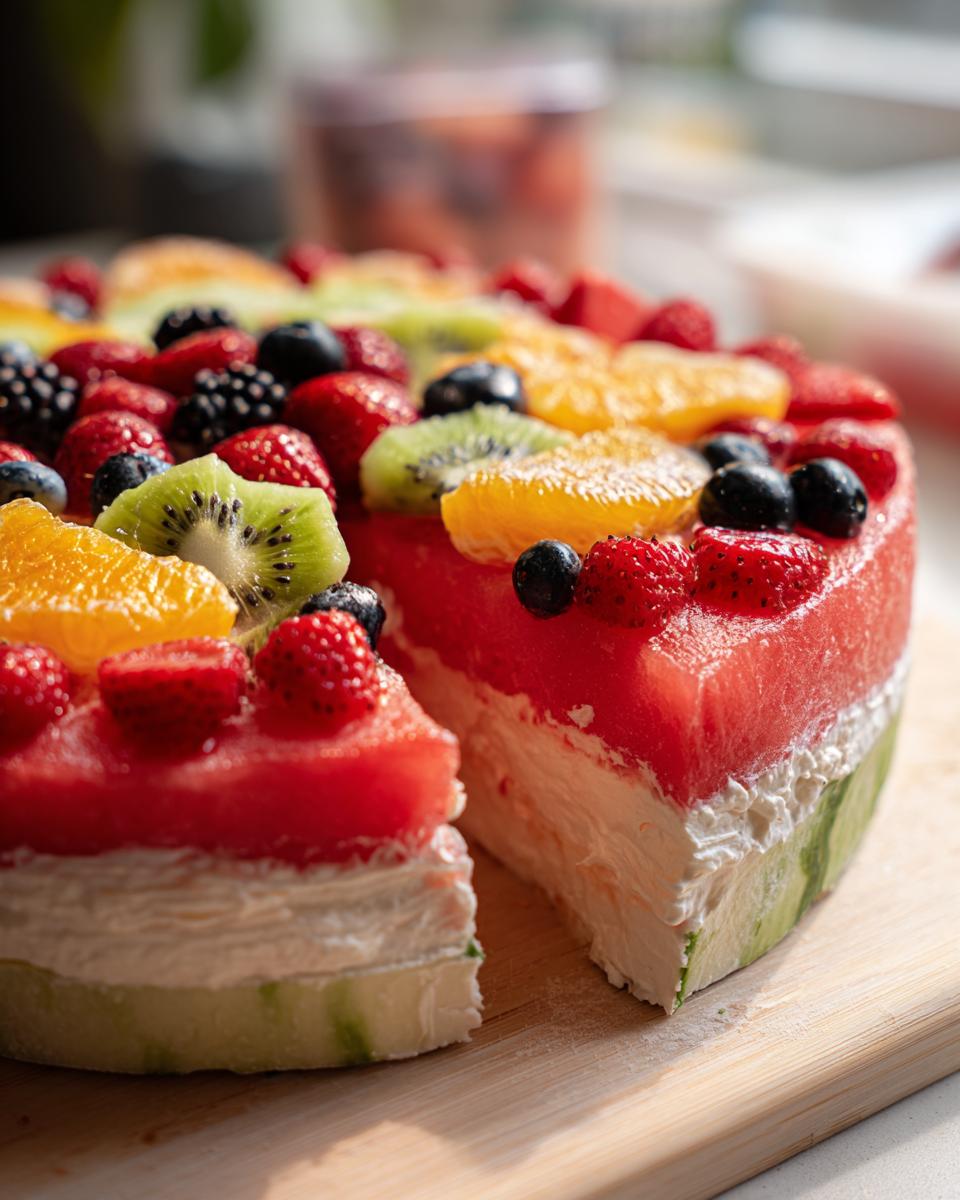 A refreshing Watermelon Berry Fruit Pizza for Summer Dessert, topped with fresh berries, kiwi, and orange slices.