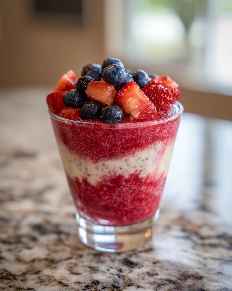 A layered chia parfait with watermelon puree, chia pudding, and fresh strawberries and blueberries on top.