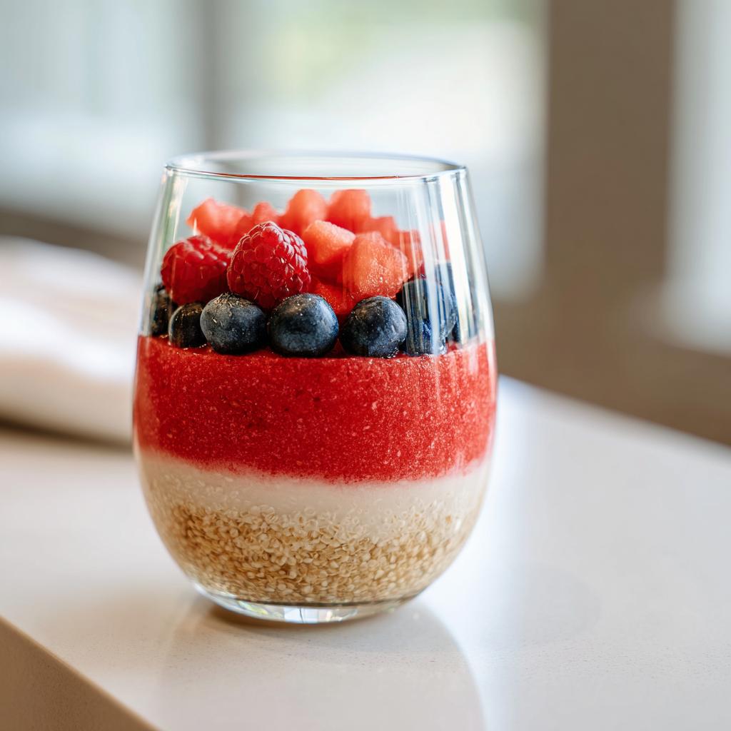 A layered watermelon chia parfait in a glass, topped with fresh raspberries, blueberries, and diced watermelon.