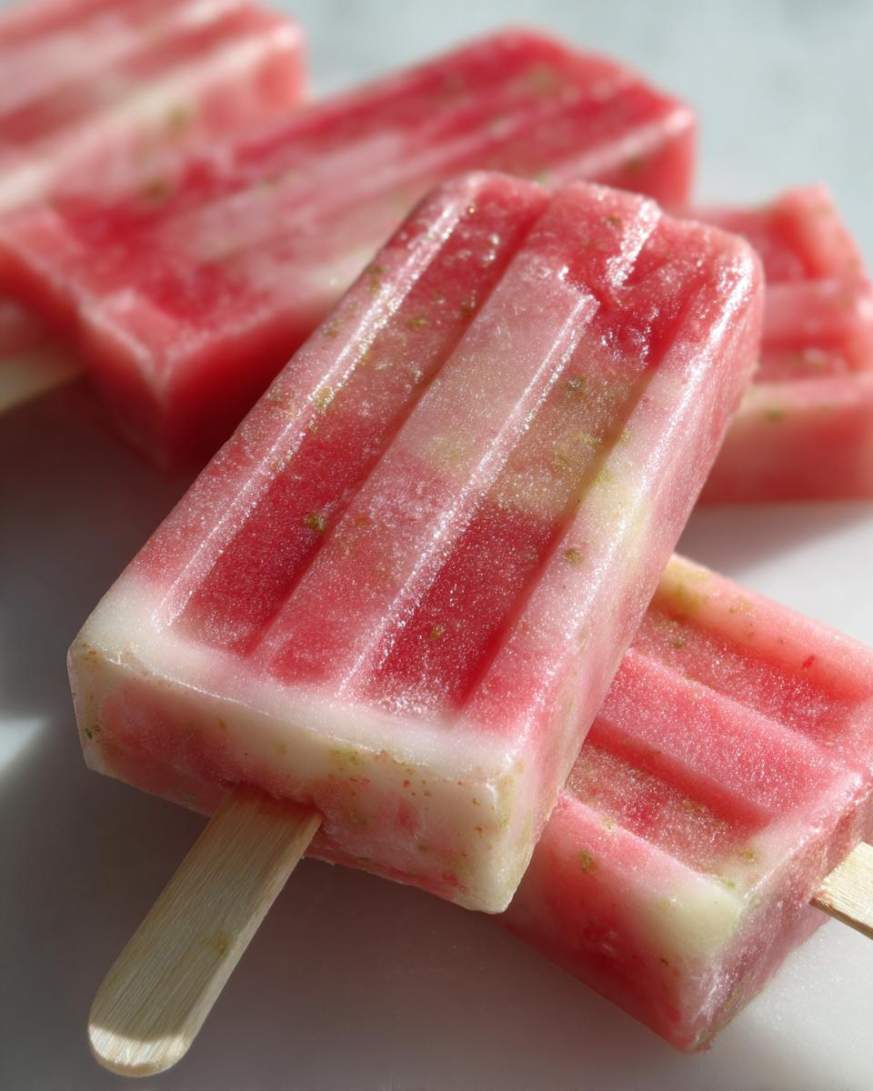 Close-up of refreshing watermelon coconut lime popsicles with visible watermelon chunks and lime zest.