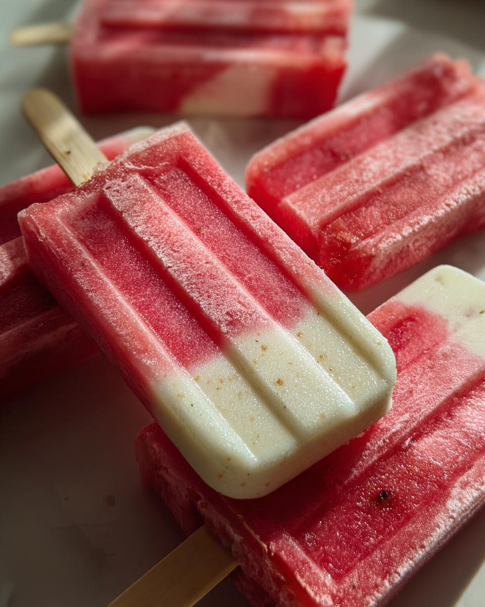 Close-up of refreshing watermelon recipes with coconut lime popsicles, showing vibrant pink and white layers.