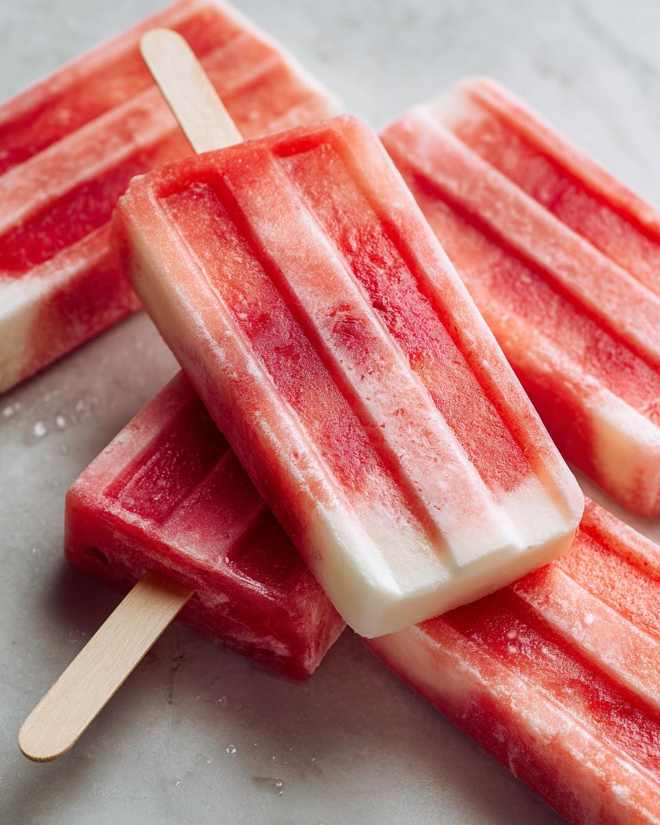 Close-up of refreshing watermelon coconut lime popsicles on a light grey surface.