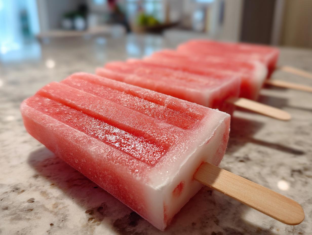 Close-up of several watermelon coconut lime popsicles on a speckled countertop, ready to be enjoyed.