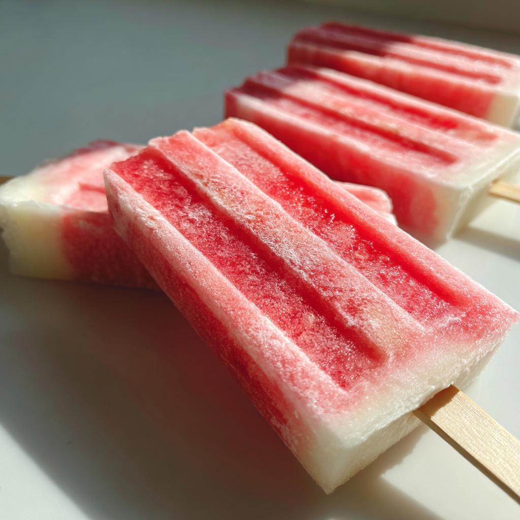 Close-up of refreshing watermelon recipes with coconut lime popsicles on a white surface.