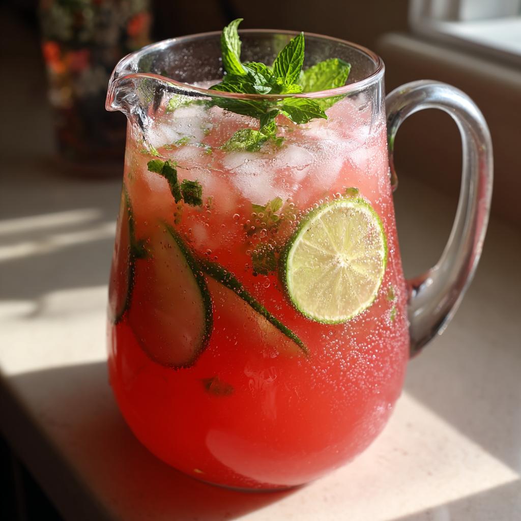 A pitcher filled with refreshing watermelon cucumber agua fresca, garnished with mint, lime slices, and cucumber ribbons.