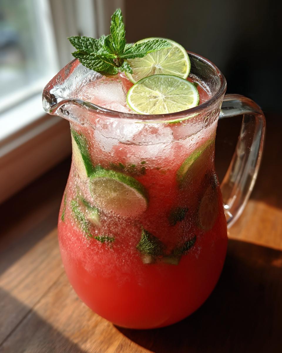 A pitcher filled with watermelon cucumber agua fresca, ice, lime slices, and mint leaves, ready for a backyard party.