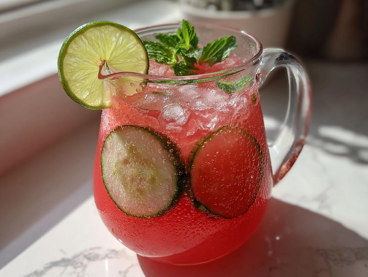 A pitcher filled with Watermelon Cucumber Agua Fresca, garnished with lime, cucumber slices, and mint.