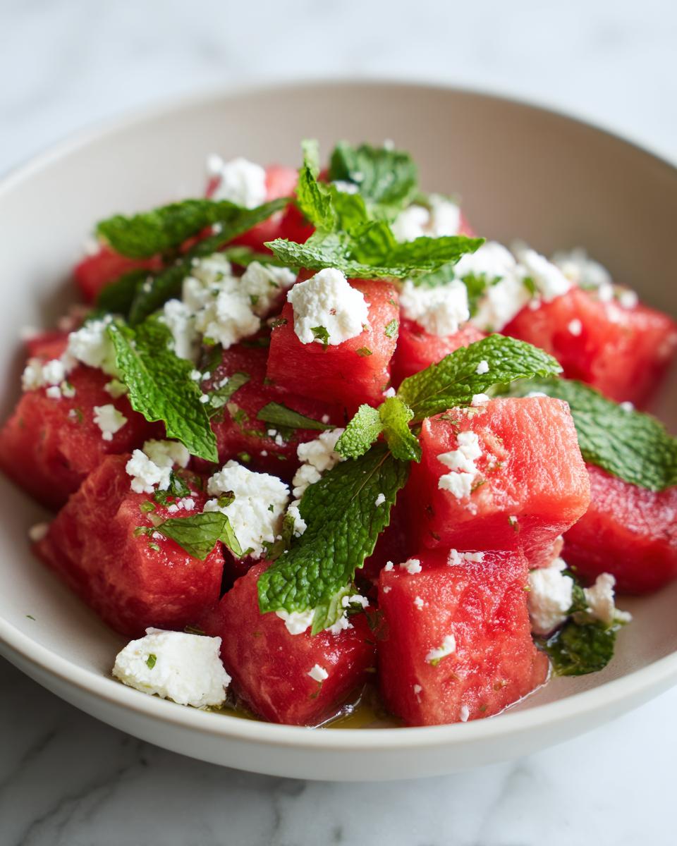 A close-up of a refreshing watermelon feta mint salad in a bowl, showcasing cubed watermelon, crumbled feta cheese, and fresh mint leaves.