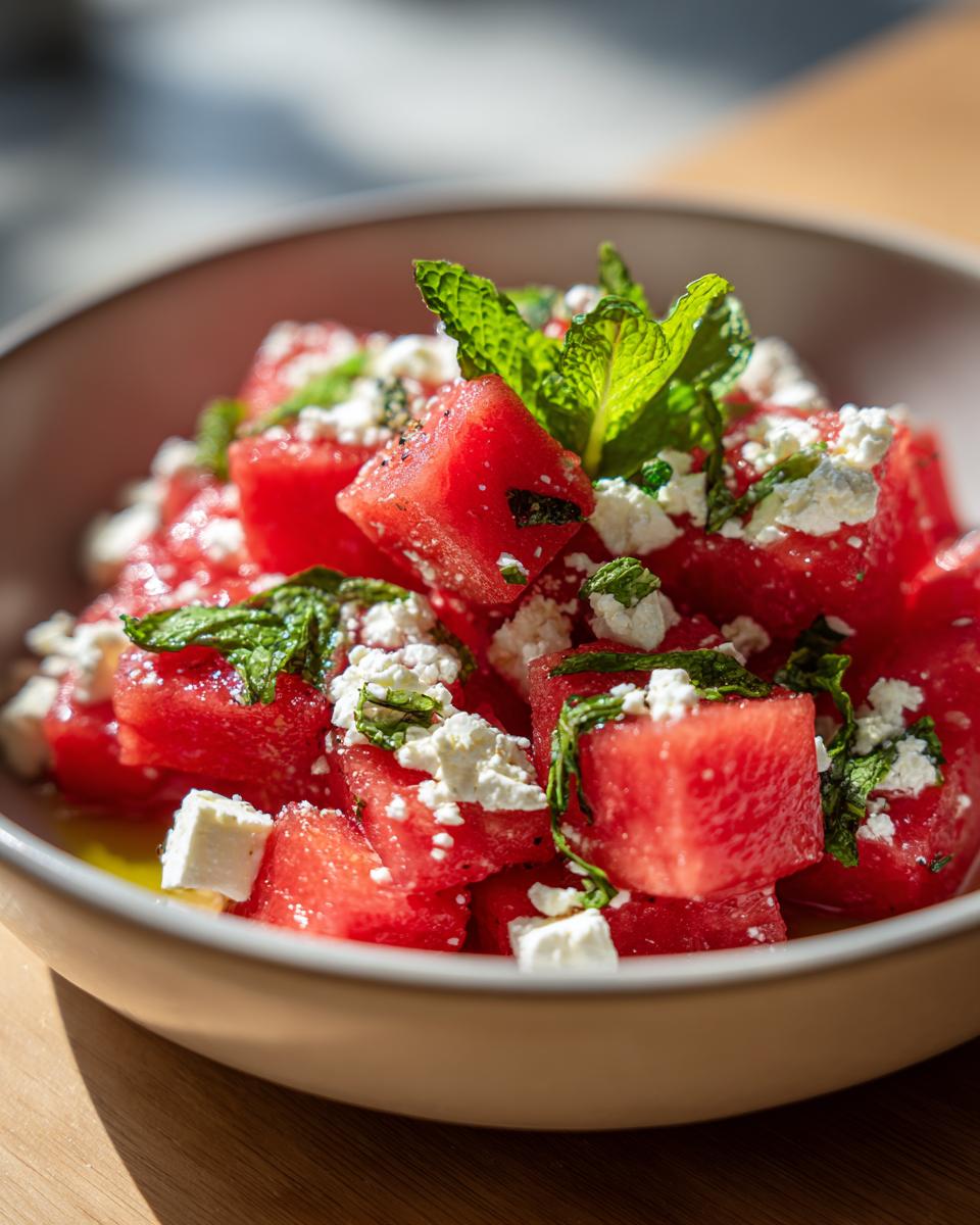 Close-up of a refreshing Watermelon Feta Mint Salad, perfect for hot summer days.