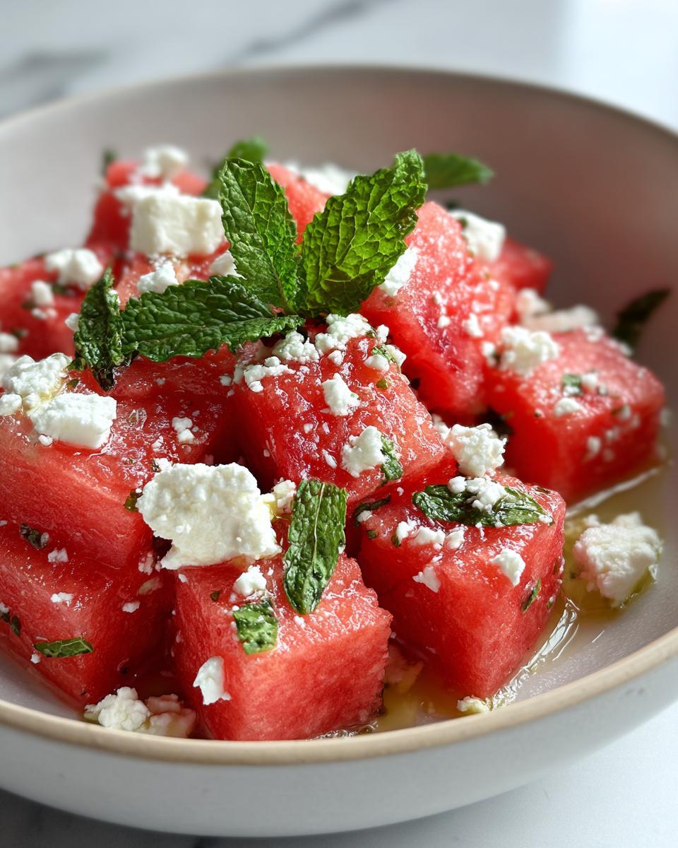 Close-up of a bowl filled with cubed watermelon, crumbled feta cheese, and fresh mint leaves, a perfect watermelon recipe.