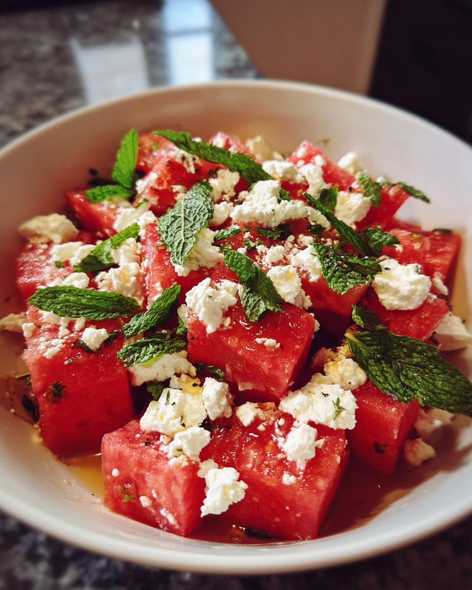Close-up of a refreshing watermelon feta salad with fresh mint leaves, perfect for hot summer days.