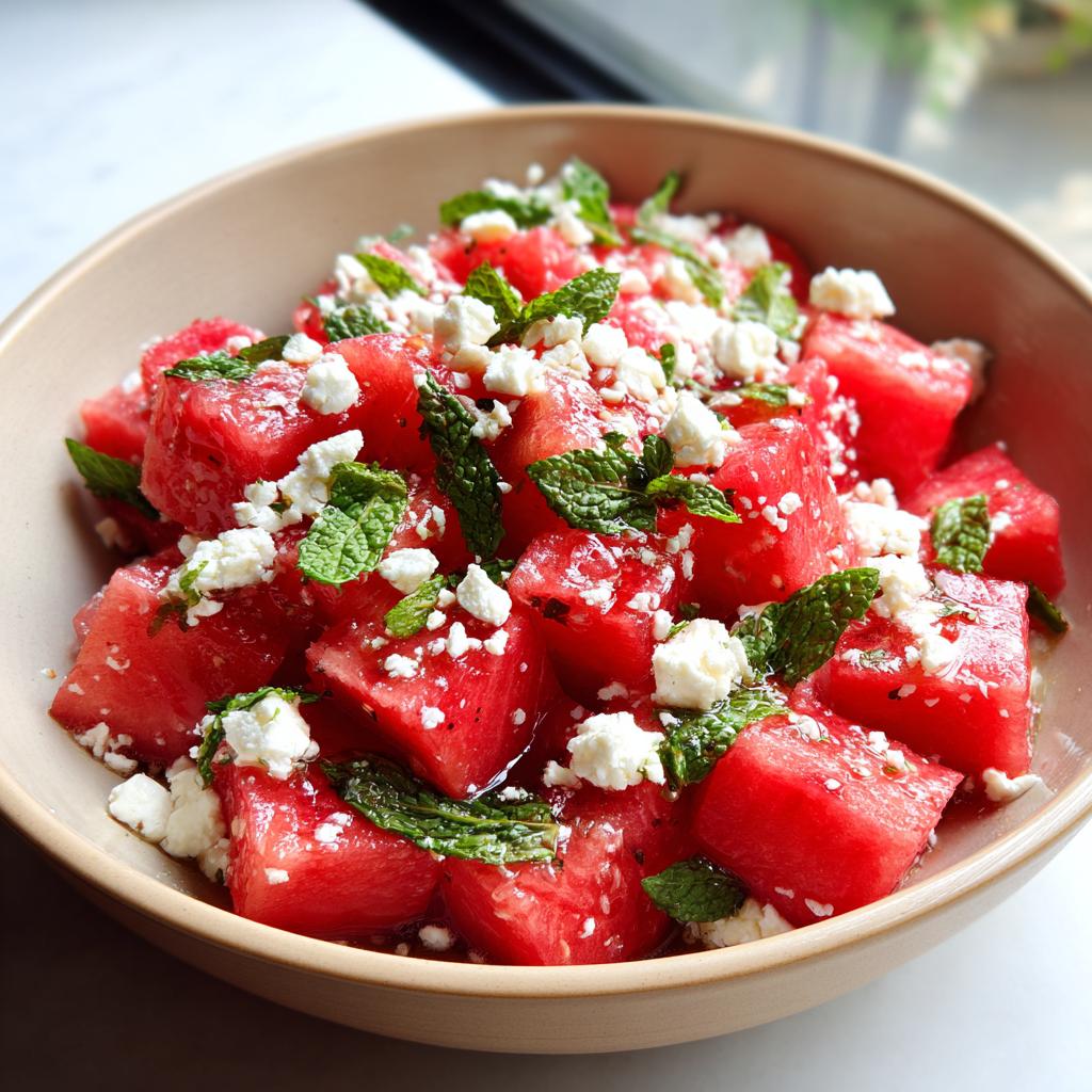 Close-up of a bowl filled with cubed watermelon, crumbled feta cheese, and fresh mint leaves, a perfect watermelon recipe.
