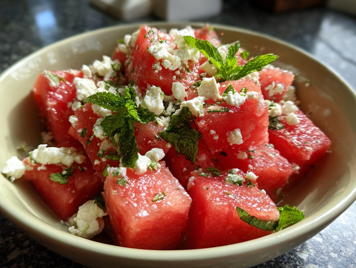 Close-up of a bowl filled with cubed watermelon, crumbled feta cheese, and fresh mint leaves, a perfect watermelon recipe.