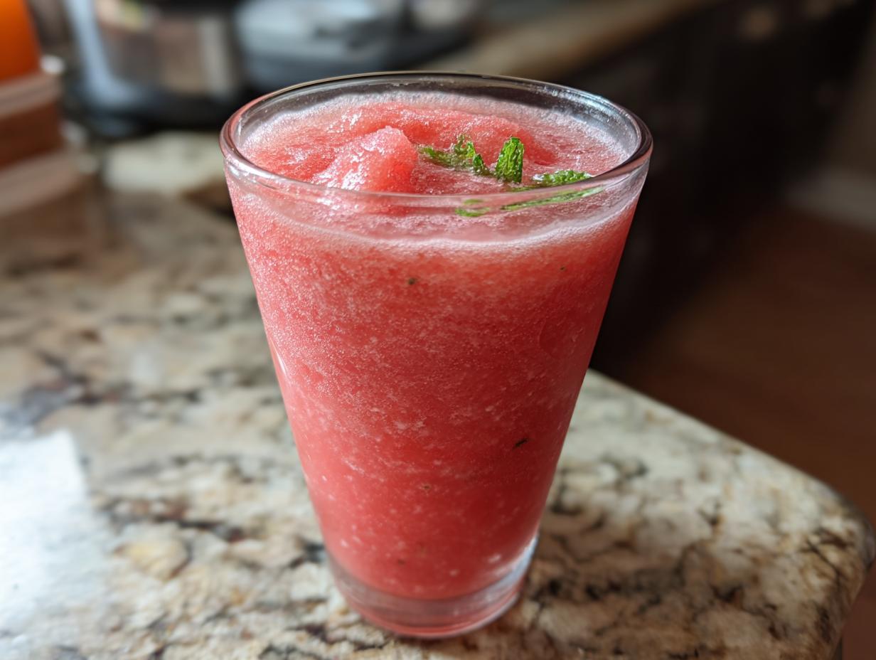 A refreshing glass of watermelon frozen lemonade, garnished with mint leaves.