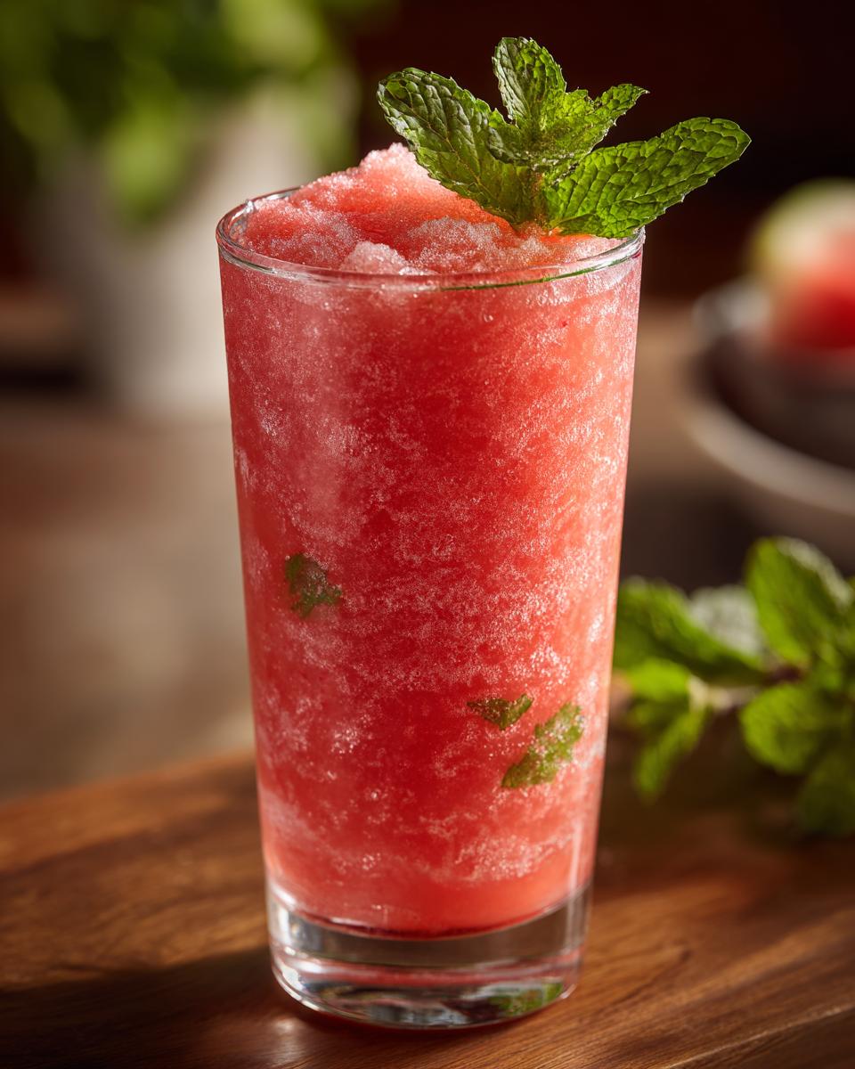 A tall glass of refreshing watermelon frozen lemonade, garnished with fresh mint leaves.