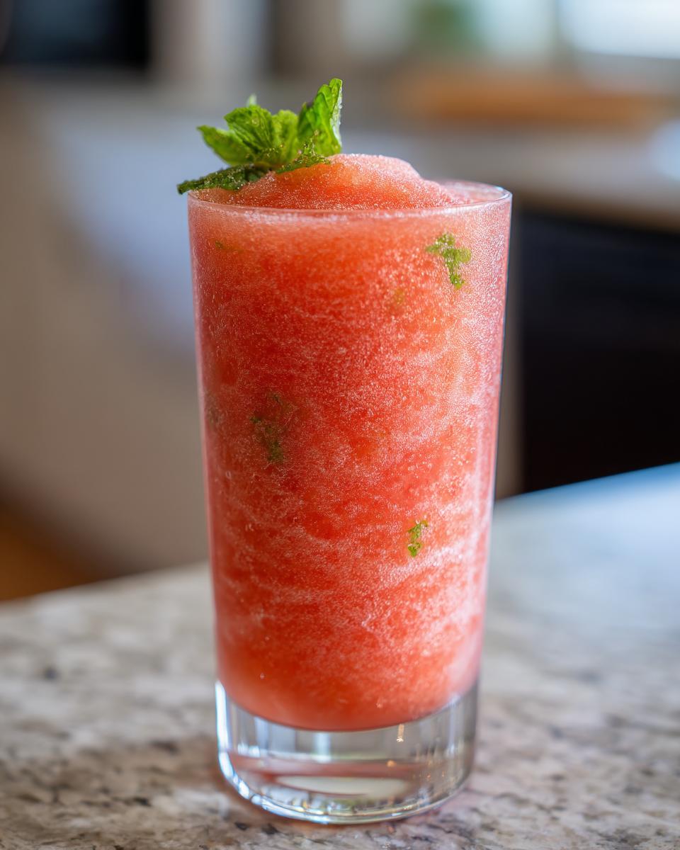A tall glass of refreshing watermelon frozen lemonade, garnished with fresh mint leaves.