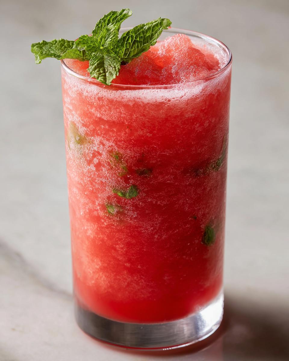 A tall glass of refreshing Watermelon Frozen Lemonade with fresh mint leaves as garnish.