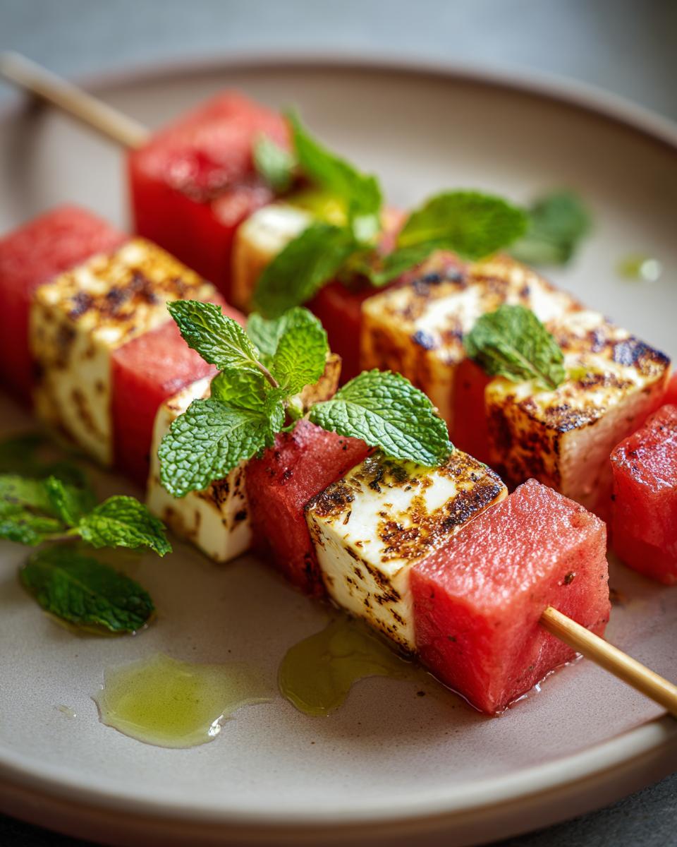 Close-up of grilled watermelon and halloumi cheese skewers, garnished with fresh mint leaves and a drizzle of olive oil.